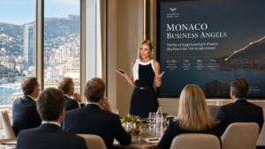 Sylwia Kaminska presenting an angel investing pitch to business leaders and private investors in a luxury Monaco boardroom overlooking Monte Carlo.