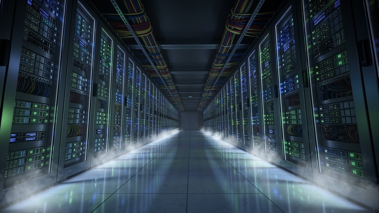 Glowing data center corridor for AI gaming infrastructure