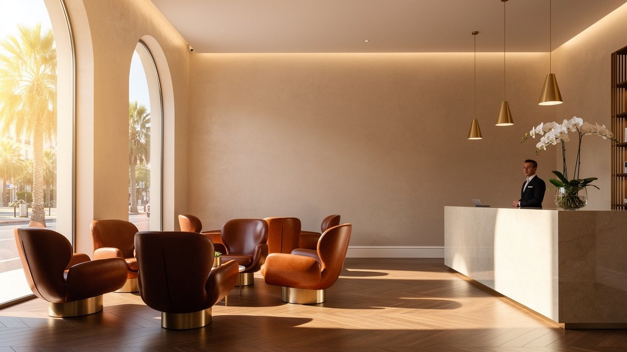 Elegant boutique hotel lobby interior in Cannes with warm lighting. French Riviera Luxury Villas