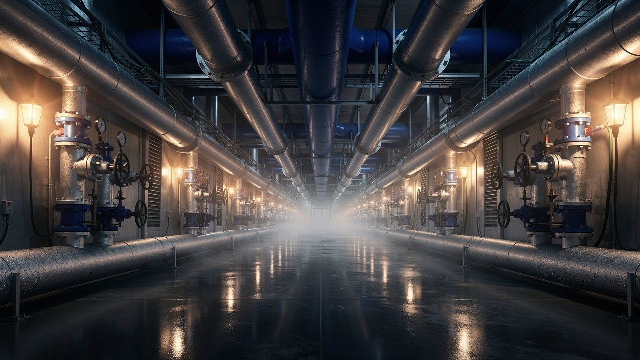 Industrial liquid cooling pipe network inside data center corridor