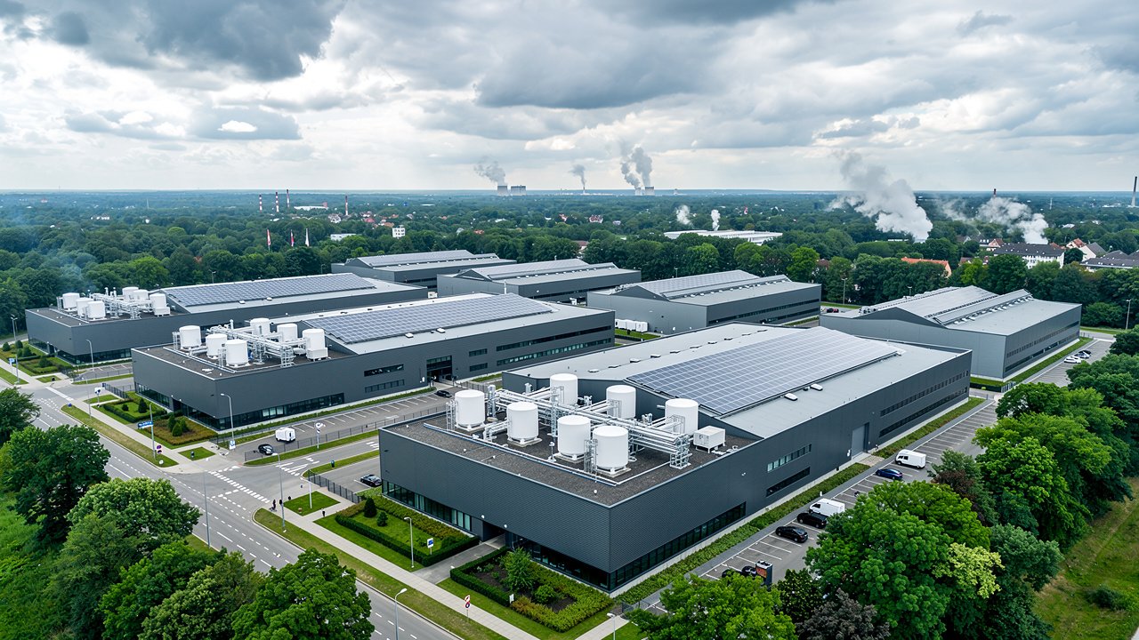 Aerial view of sustainable European data center campus with solar panels