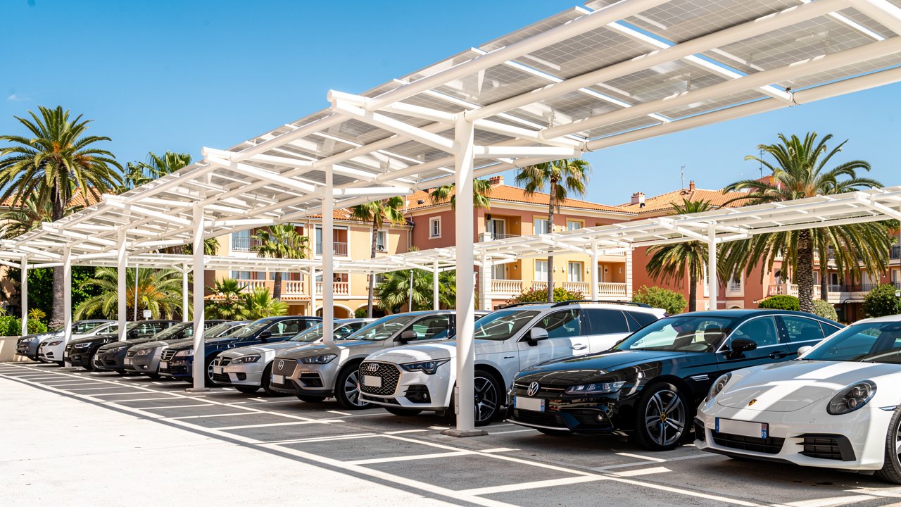 Solar panel canopy over parking lot on the French Riviera