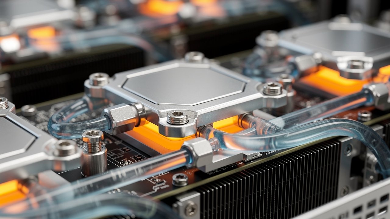 Close-up of GPU server rack with direct liquid cooling plates