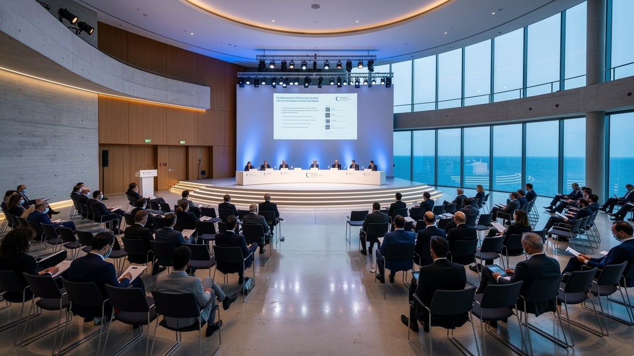 Investment conference delegates seated inside Monaco's Grimaldi Forum