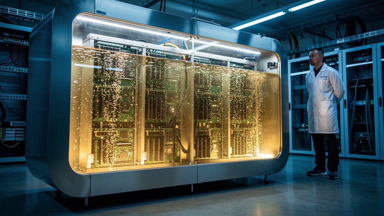 Server boards submerged in immersion cooling tank at data center
