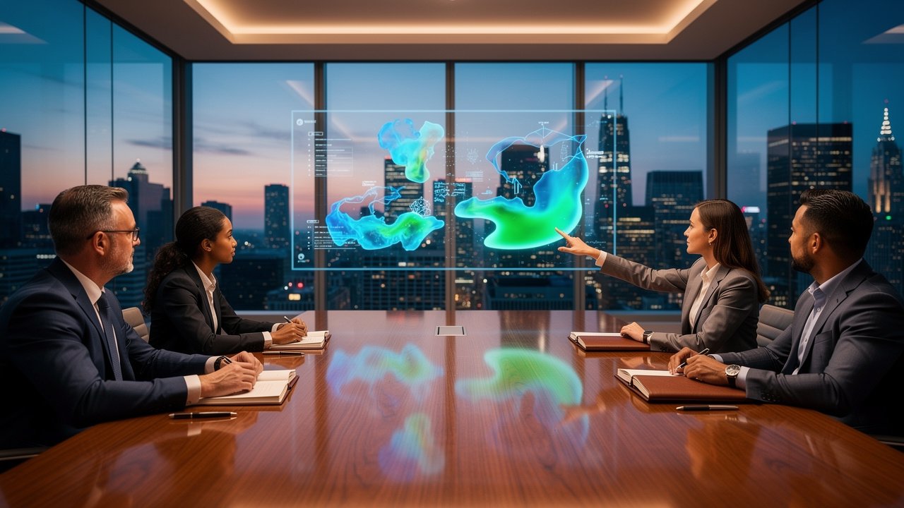 Business investors discussing sustainable data center technology opportunities