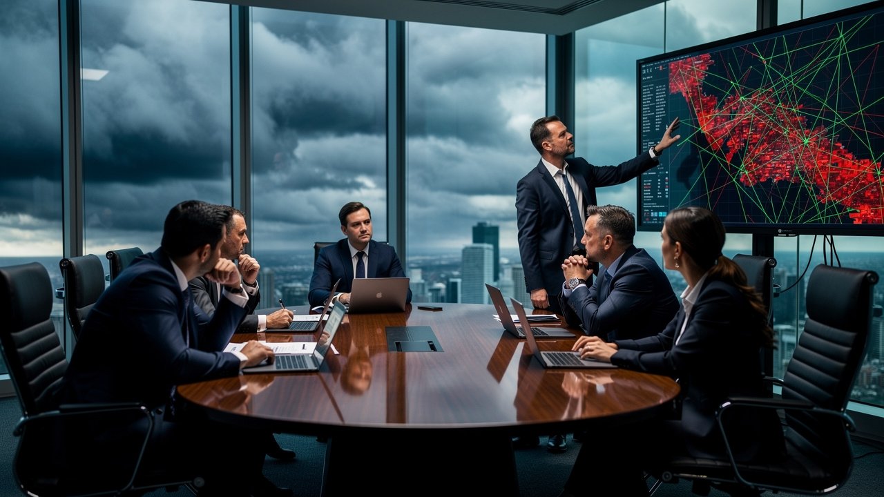 Business professionals discussing 2026 investment risks in a corporate boardroom