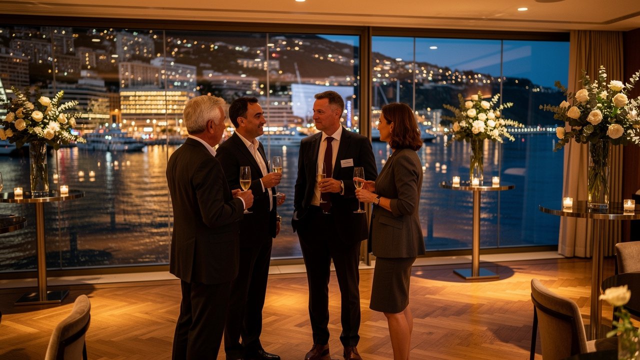 Professionals networking at exclusive Monaco Business Angels event overlooking harbor