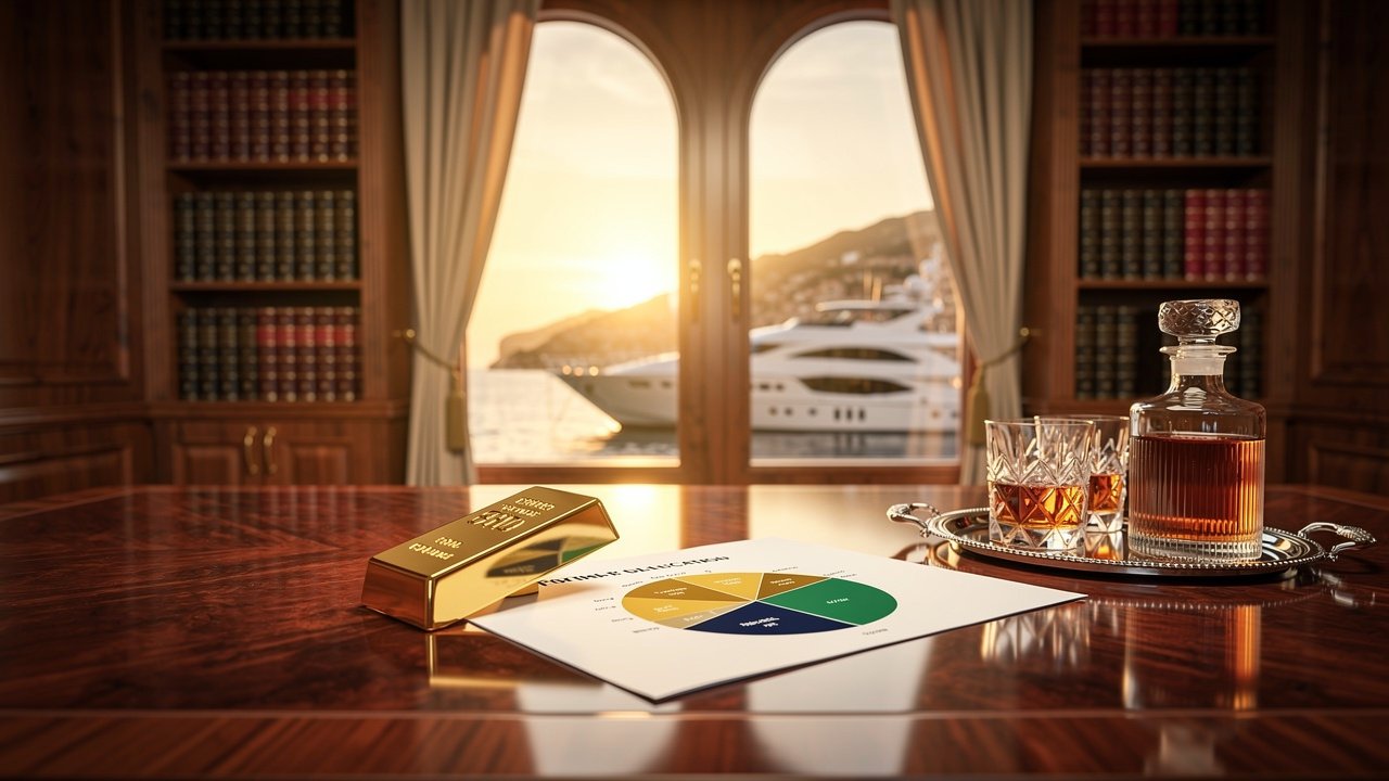Private wealth office with gold bar and Monaco harbor view for 2026 investments