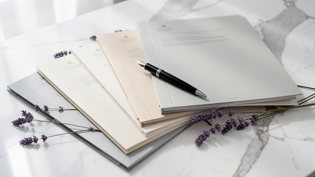 Four organized document folders representing Monaco business structures on marble desk