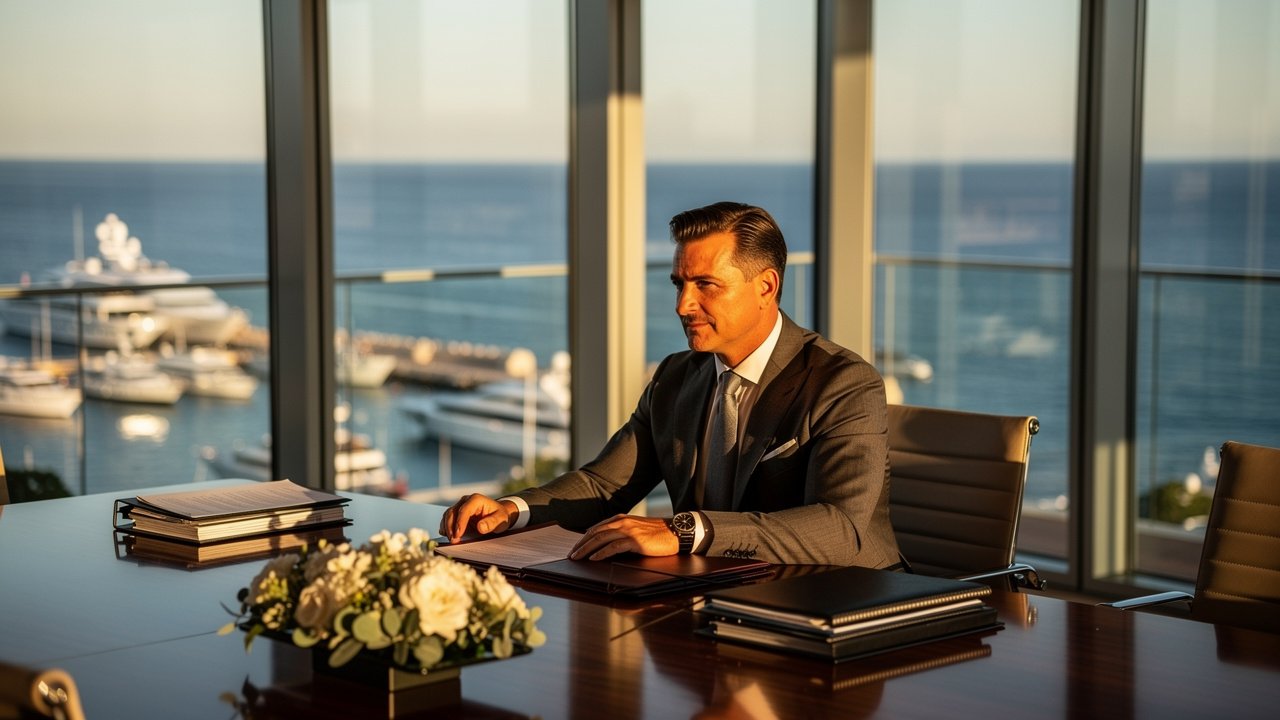 Entrepreneur reviewing business documents in Monaco office overlooking harbor