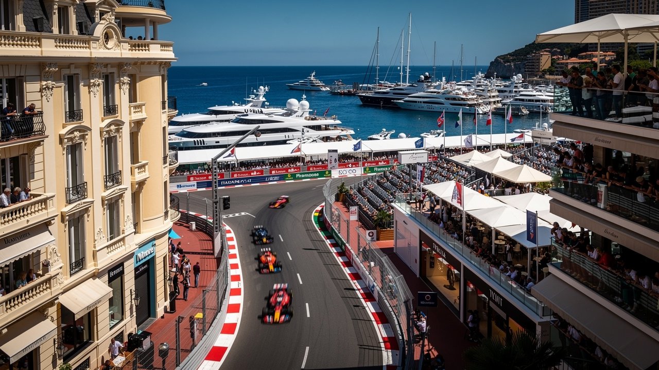Monaco Grand Prix street circuit with harbor and superyachts