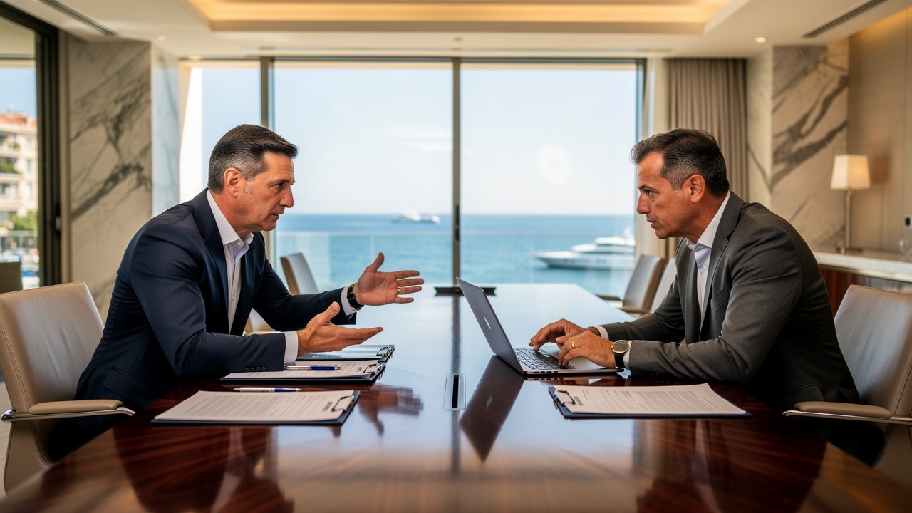 Two investors in a luxury Monaco hotel meeting room