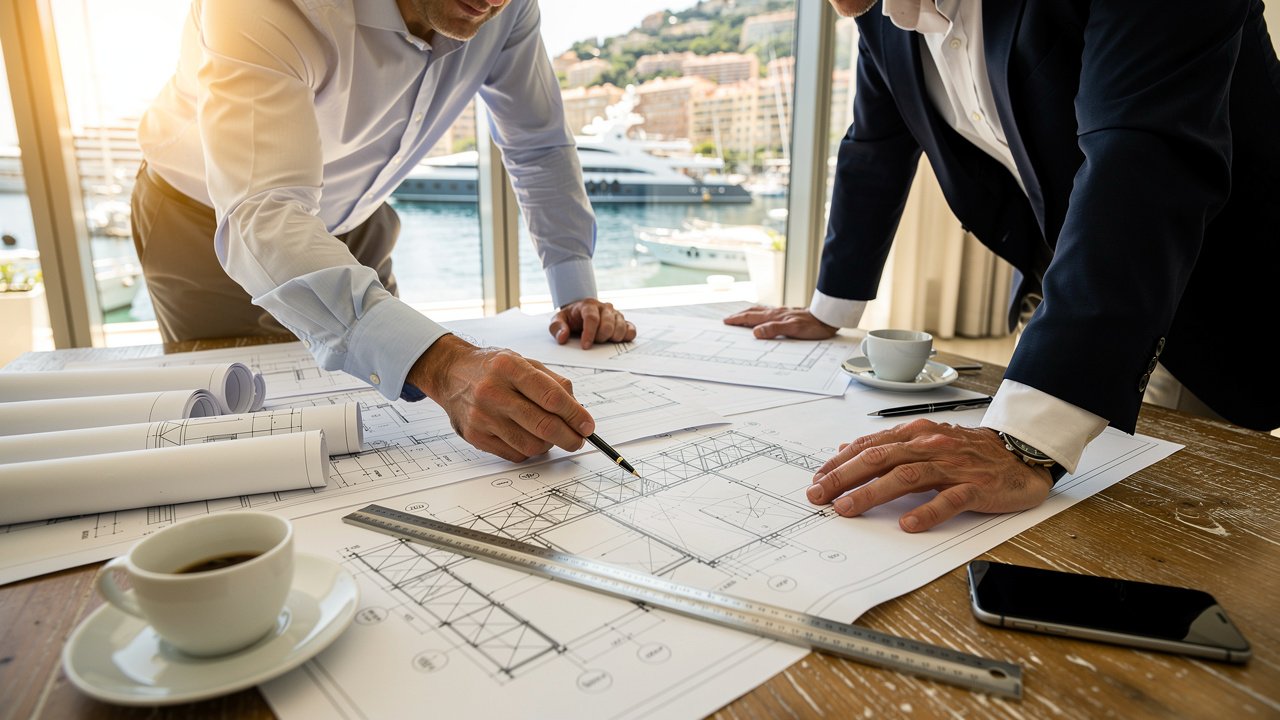 Architects reviewing renewable energy project plans in Monaco office