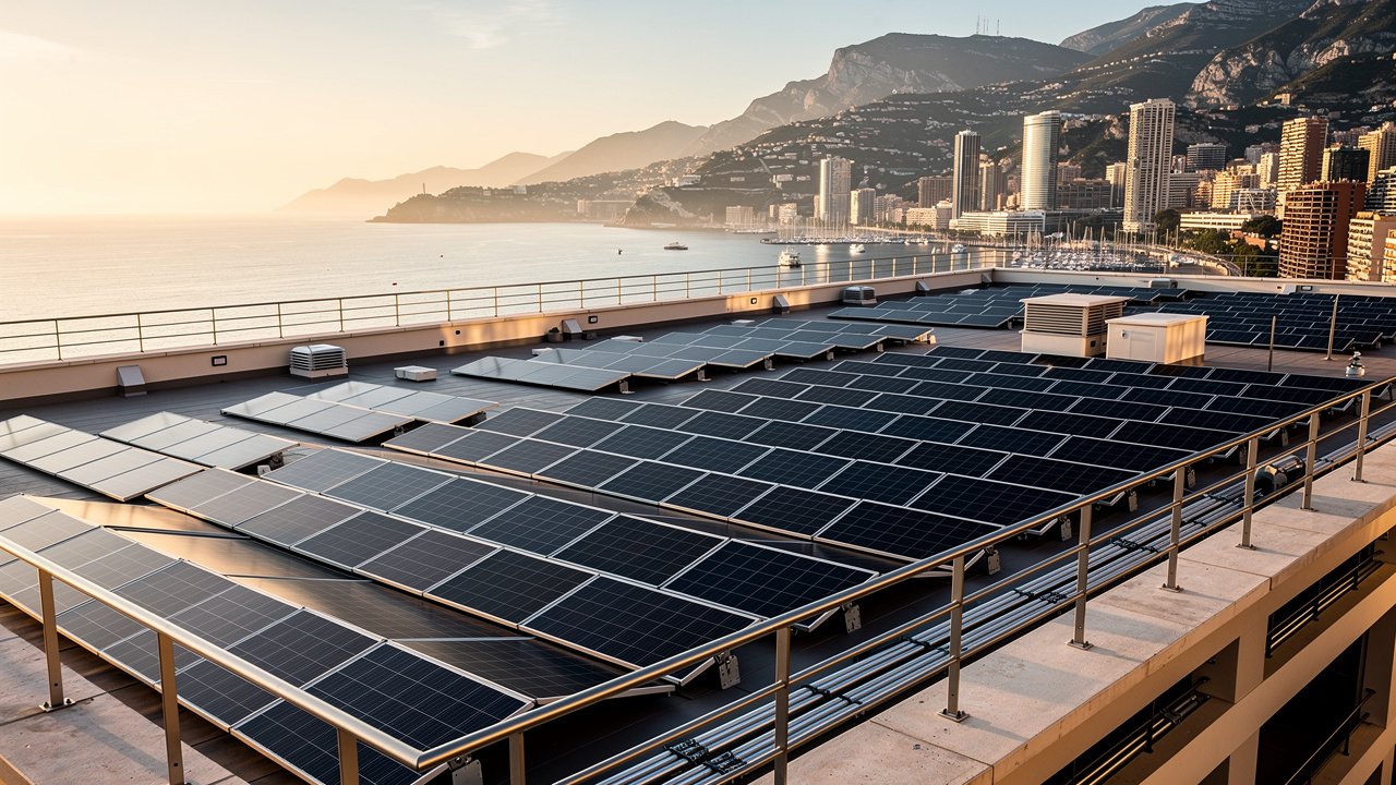 Rooftop solar panels on Monaco residential building at sunrise