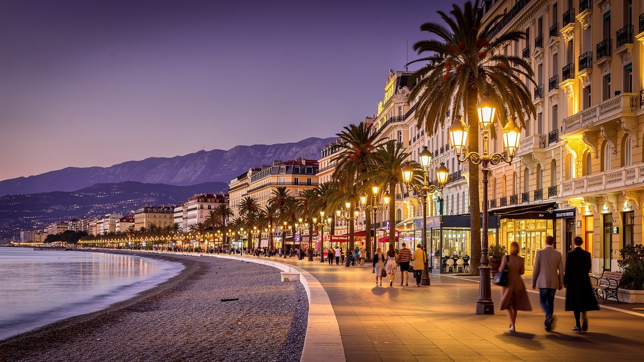 Nice Promenade des Anglais lined with luxury hotels at dusk