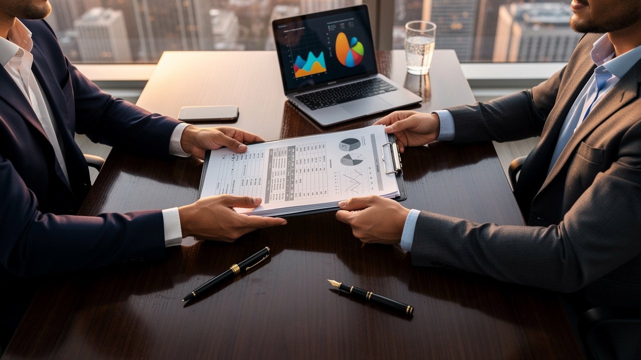 Professionals exchanging verified investment deal documents at a desk