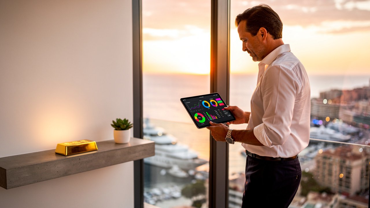 High-net-worth investor reviewing resilient 2026 portfolio allocation in Monaco penthouse