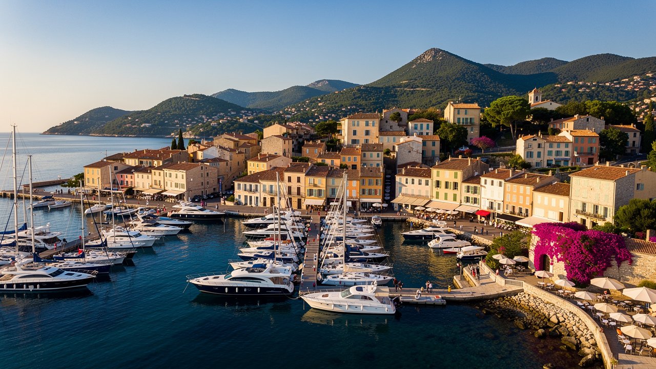 Aerial view of St. Tropez port and old town on summer morning