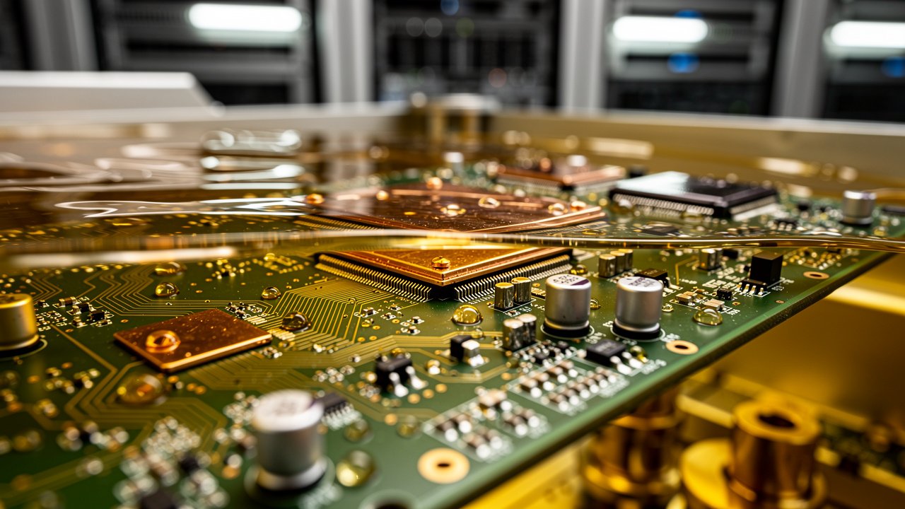 GPU server submerged in clear dielectric fluid inside cooling tank