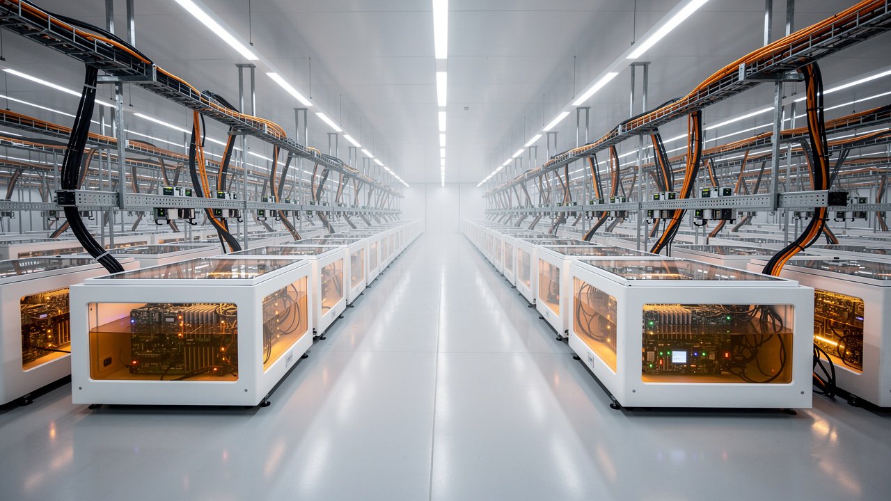 Rows of modular immersion cooling tanks inside a large modern data center