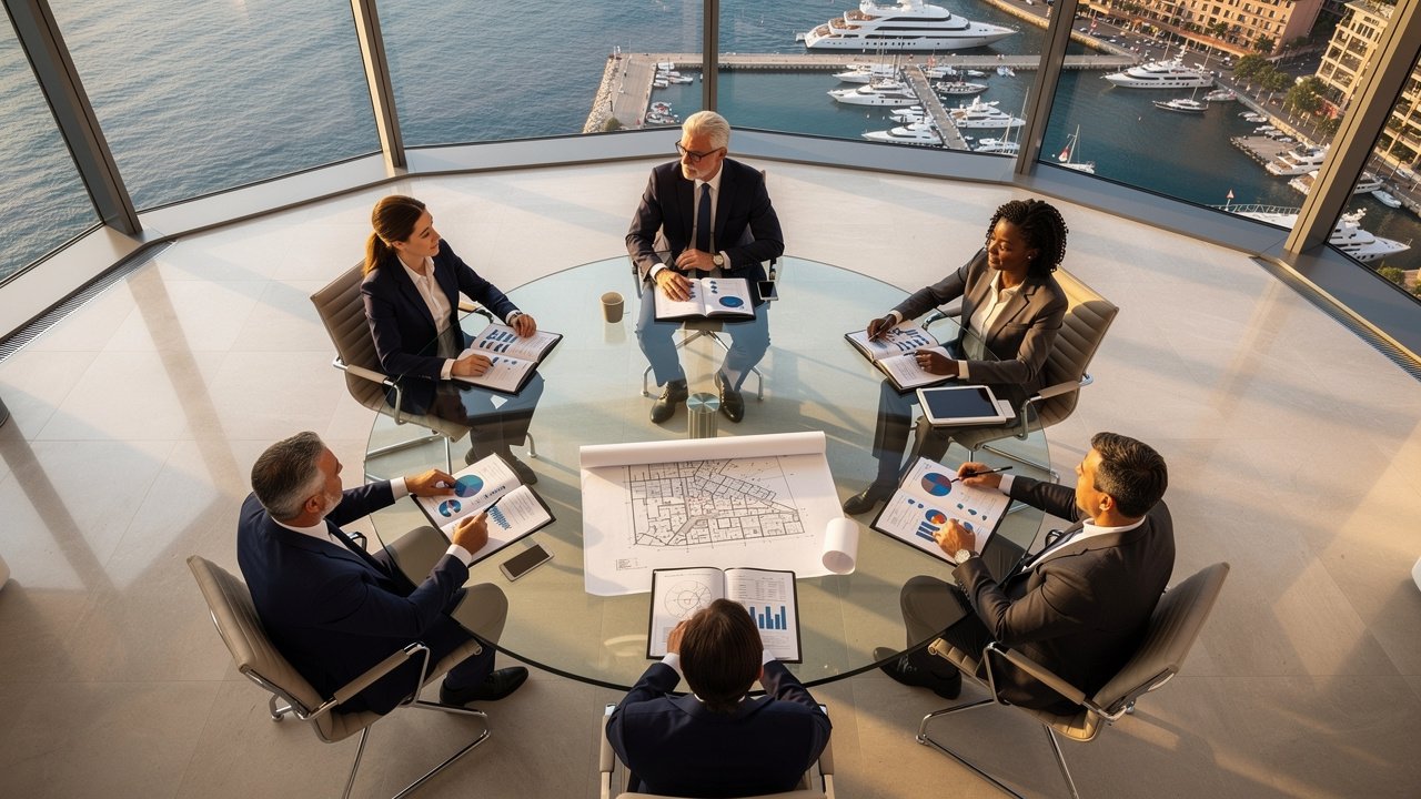 Investor meeting in Monaco office overlooking Mediterranean harbor