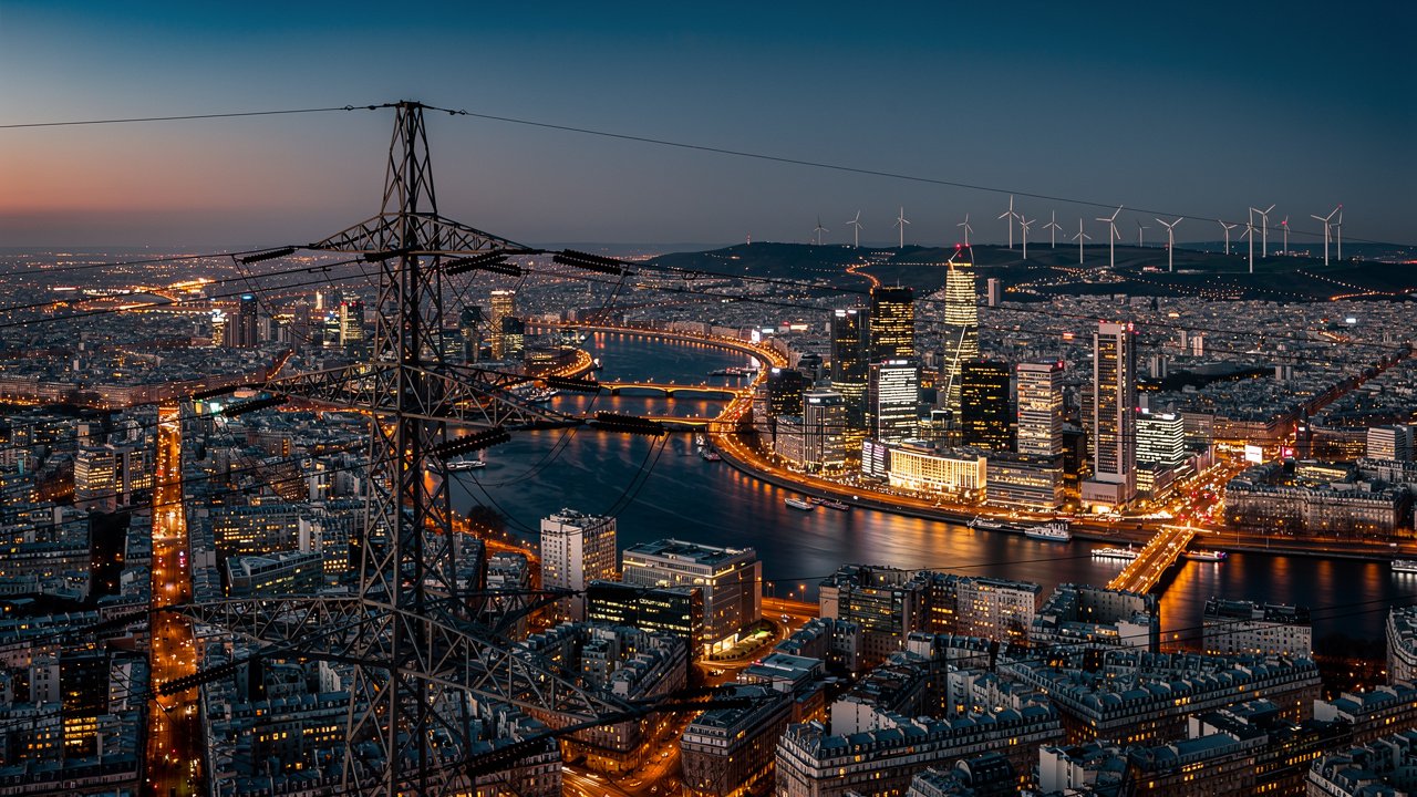 Aerial view of Paris at twilight with electricity infrastructure visible