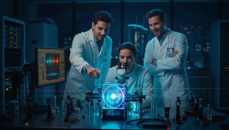 Researchers examining an experimental device in a laboratory – EIC Pathfinder