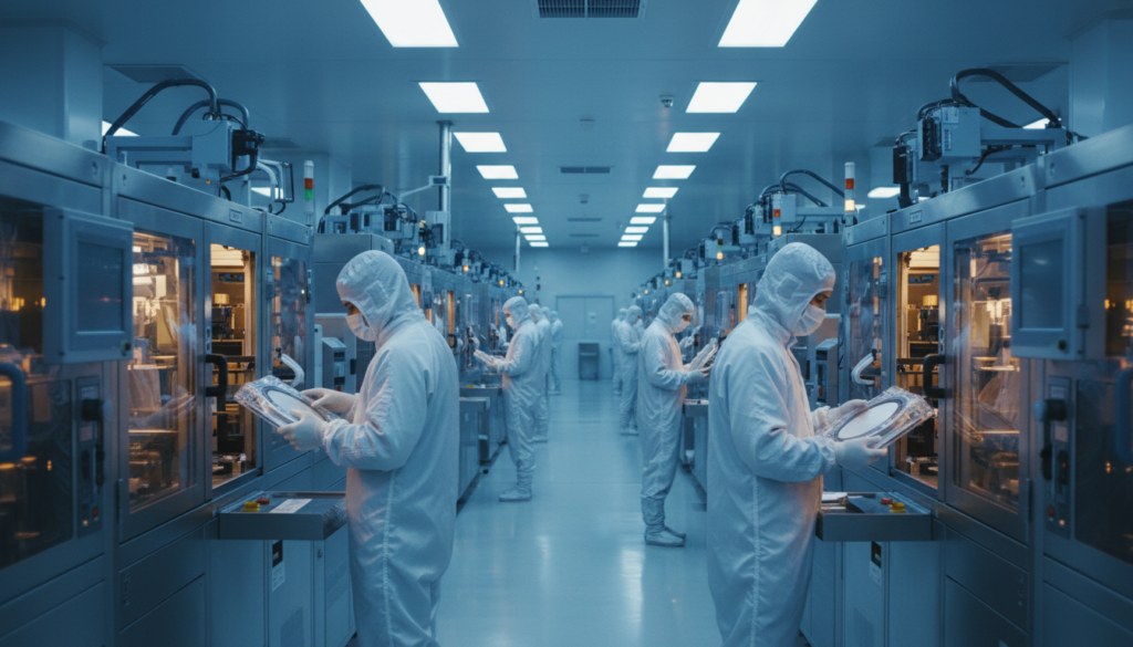 Technicians handling silicon wafers in a large semiconductor clean room – EIC STEP Scale Up guide