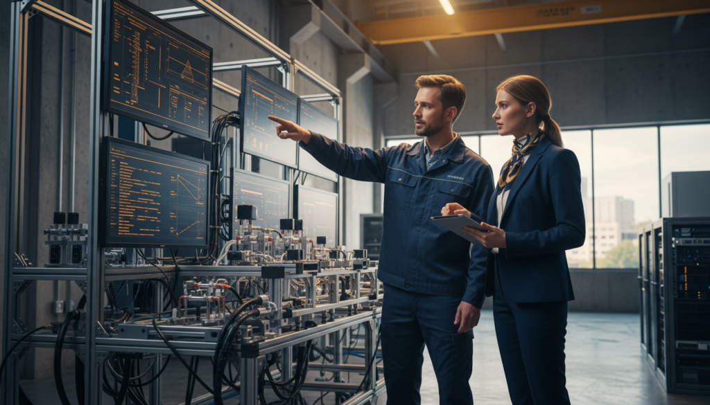 Engineer and business lead validating a technology prototype in a pilot facility – EIC Transition guide