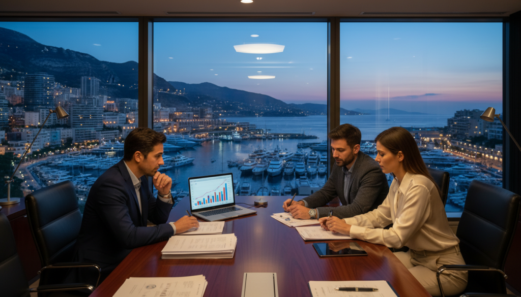 Founders and an advisor reviewing a funding application in a Monaco boardroom