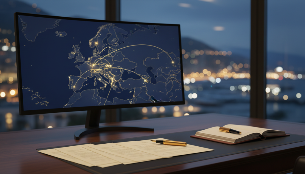 Founder's desk with a screen mapping funding opportunities across Europe and the UK