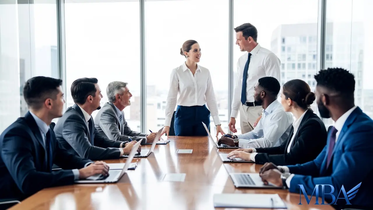 Business professionals collaborating in modern international investment meeting
