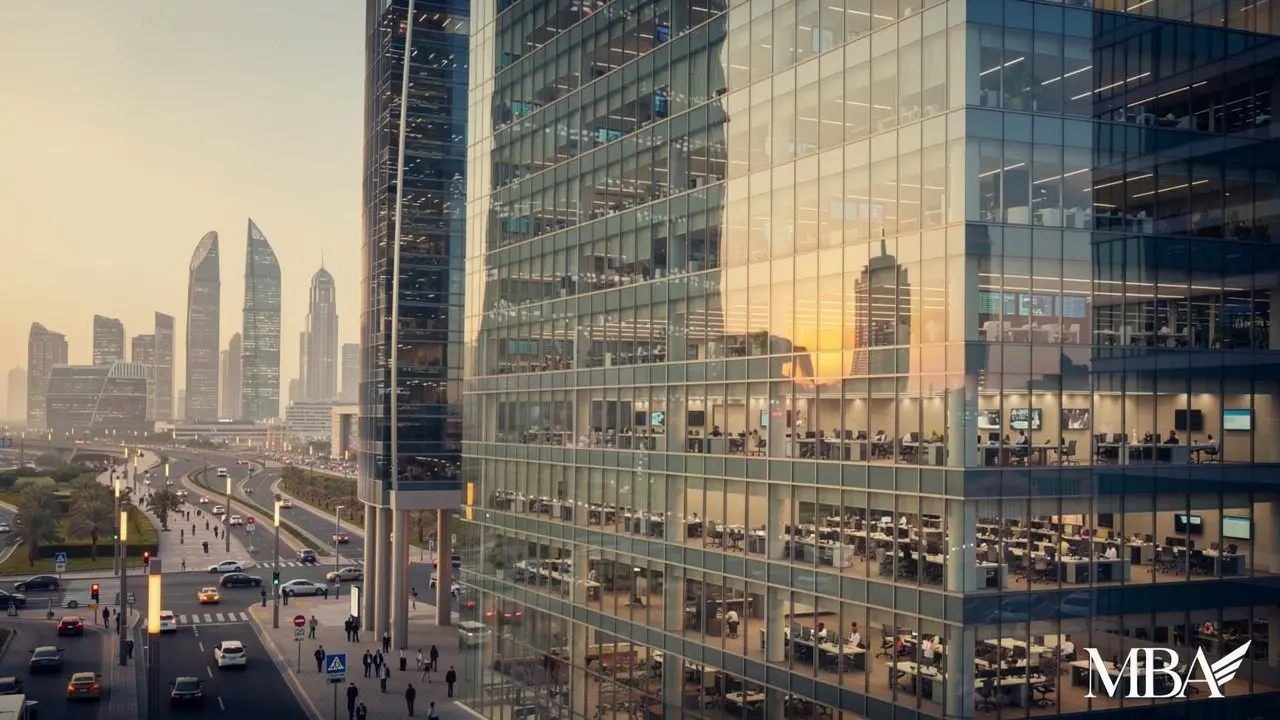 Modern financial district skyline in Middle Eastern investment hub