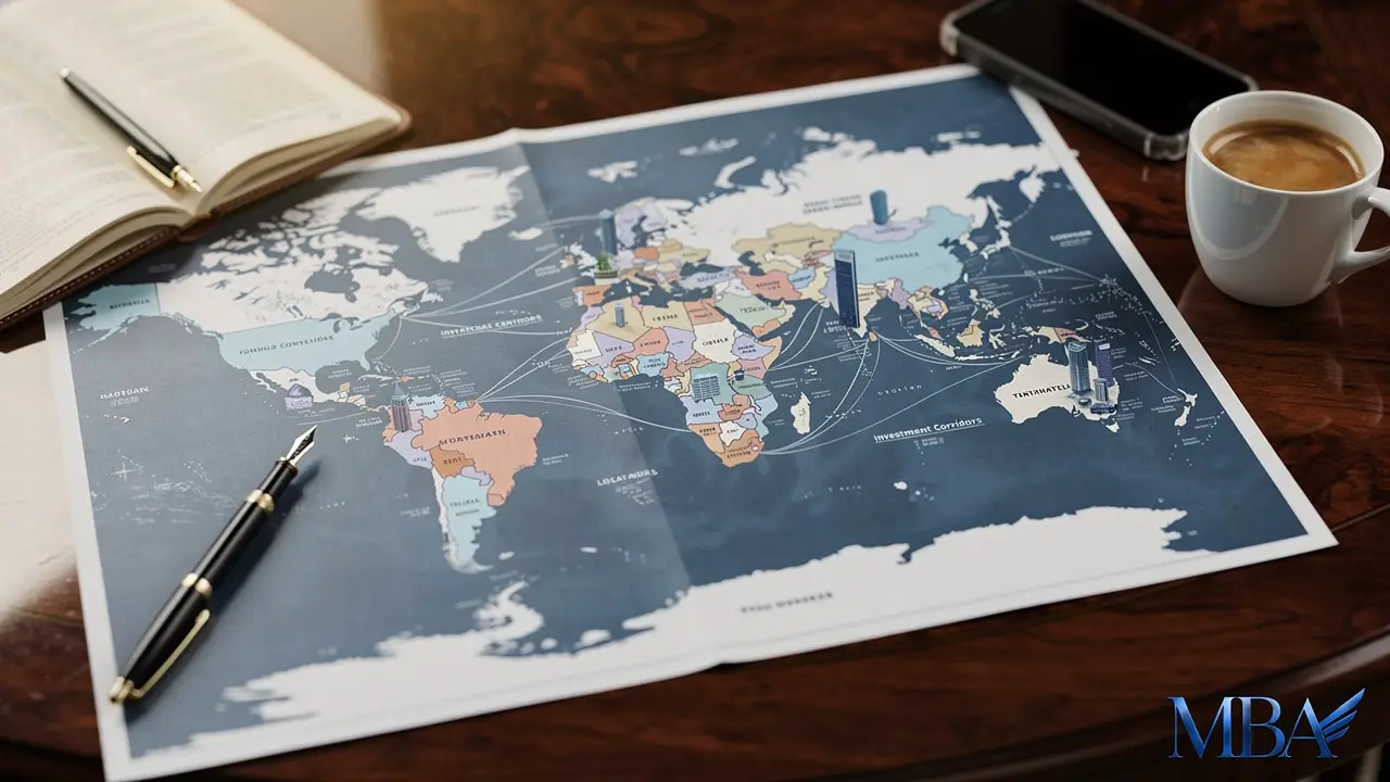 World map highlighting major global capital centers and investment flows