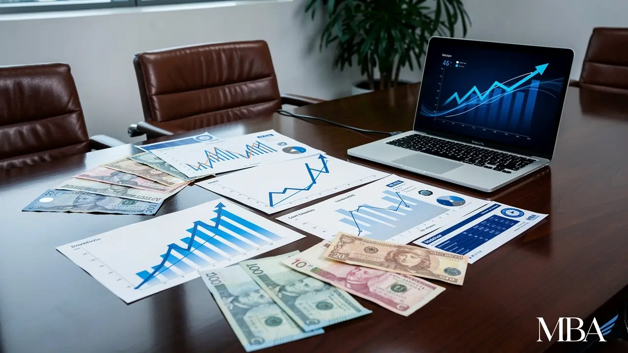 Investment documents and portfolio analysis on professional workspace